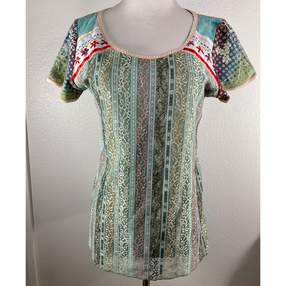 Edista‎ Patchwork Tunic Top Embroidered Floral Short Sleeve Green Large